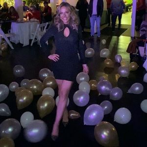 Gold and black ruched, long sleeve, mock turtleneck bodycon dress